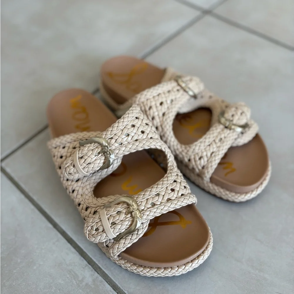 Sam Edelman Reid Linen Woven Sandals Double Stap Slides - Picture 3 of 9